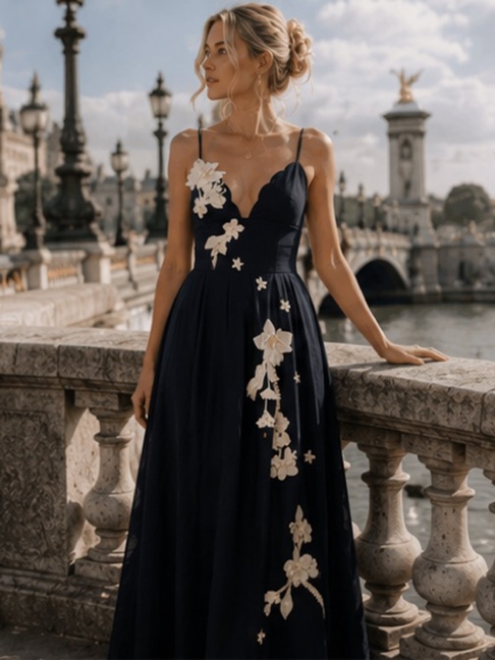 Agua by Agua Bendita Navy Maxi Dress with Ivory Floral Appliqués - Picture 8 of 16